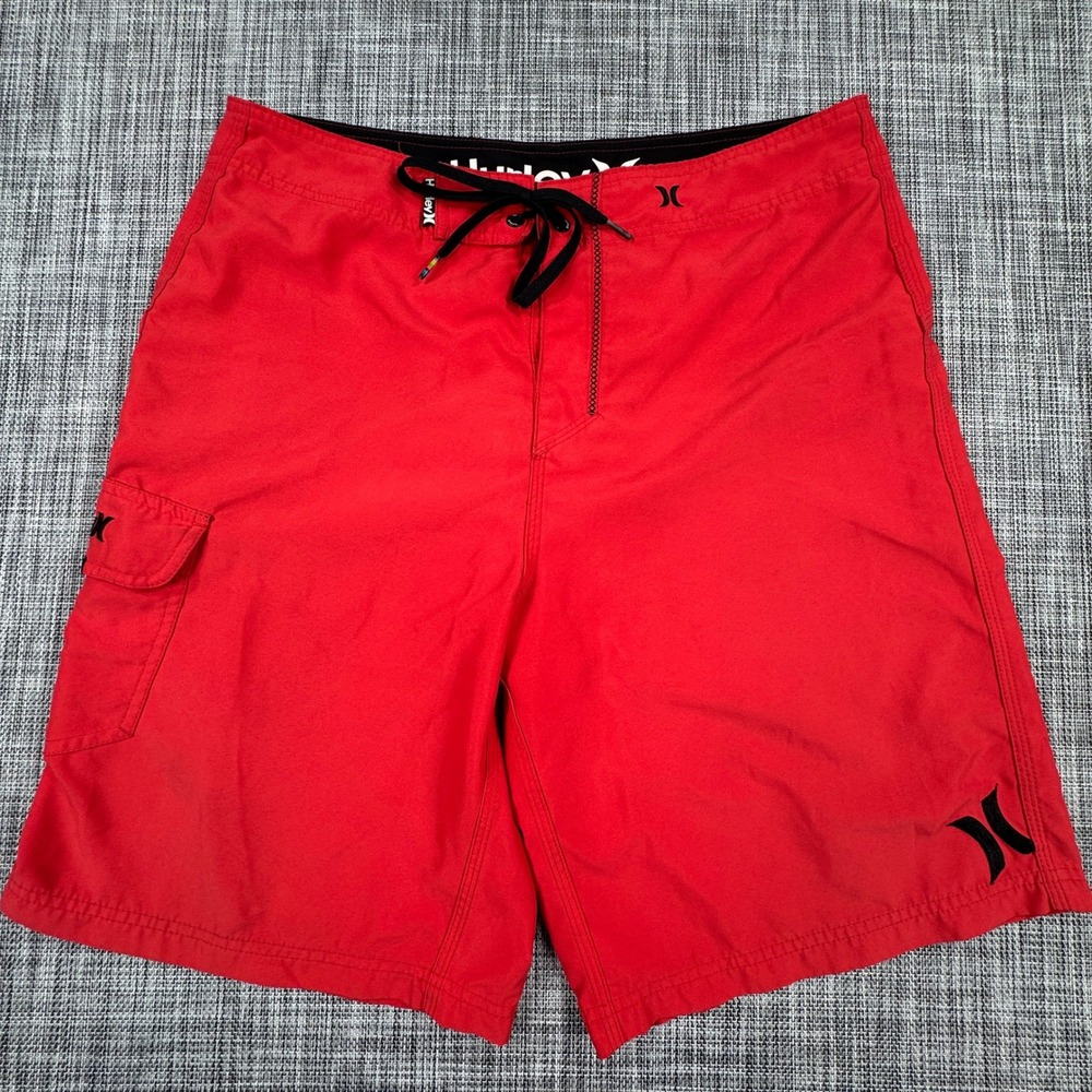 Hurley Mens Board Shorts Approx 34 Red Cargo Pocket Lace Up Swim Trunks Surf